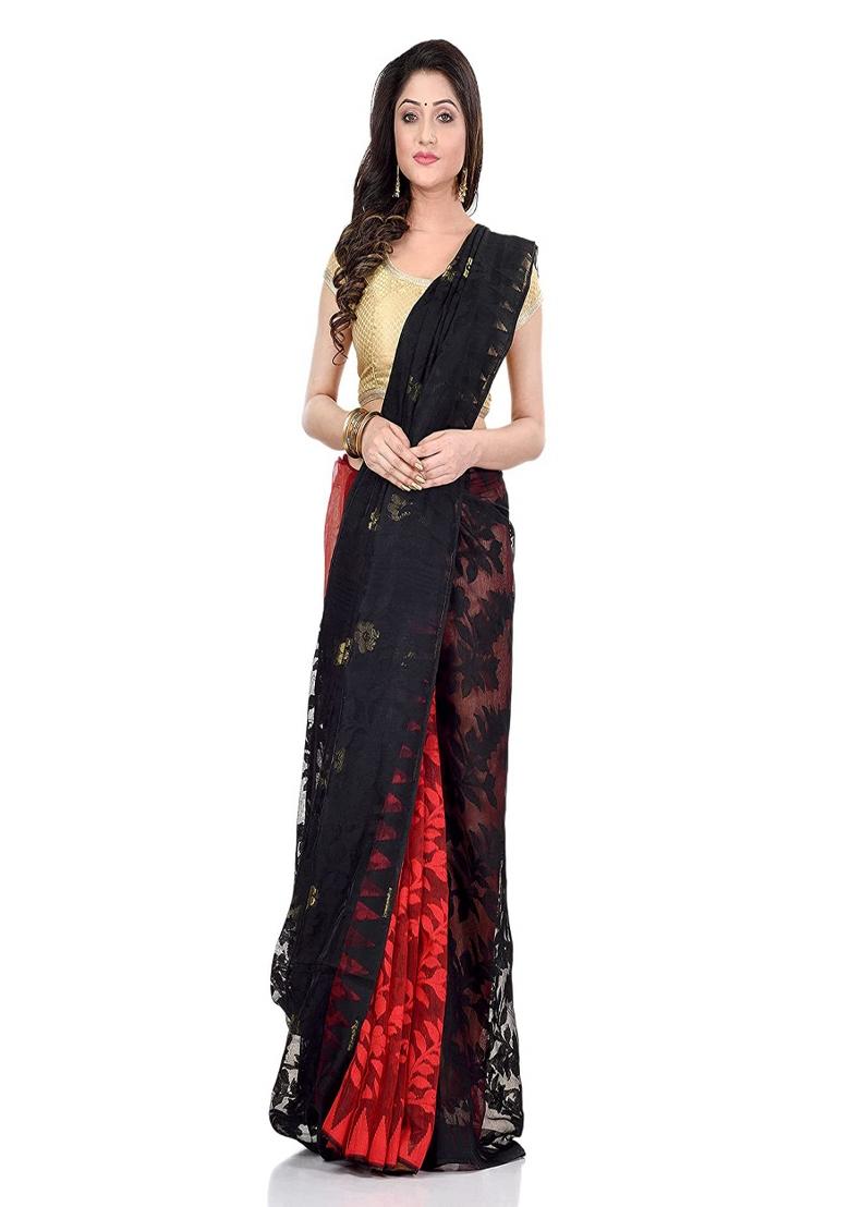 Black Red Embroidered Cotton Saree