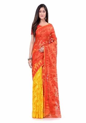 Yellow Orange Embroidered Cotton Saree