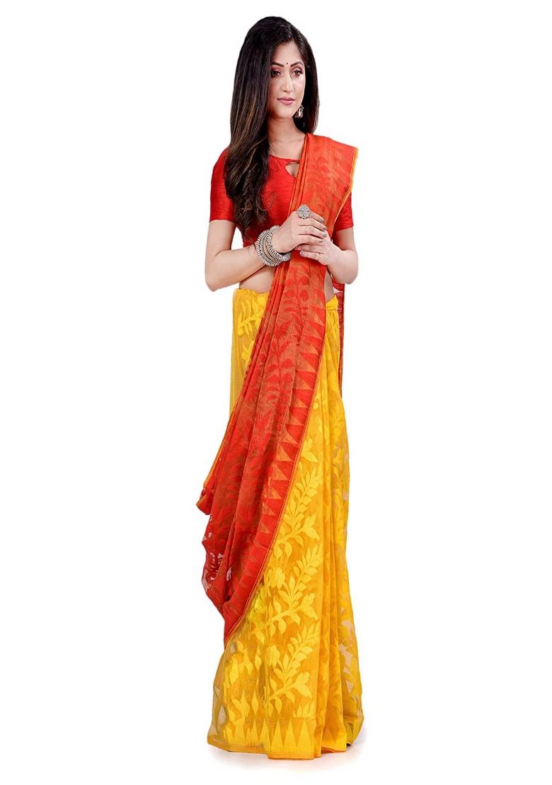 Yellow Orange Embroidered Cotton Saree