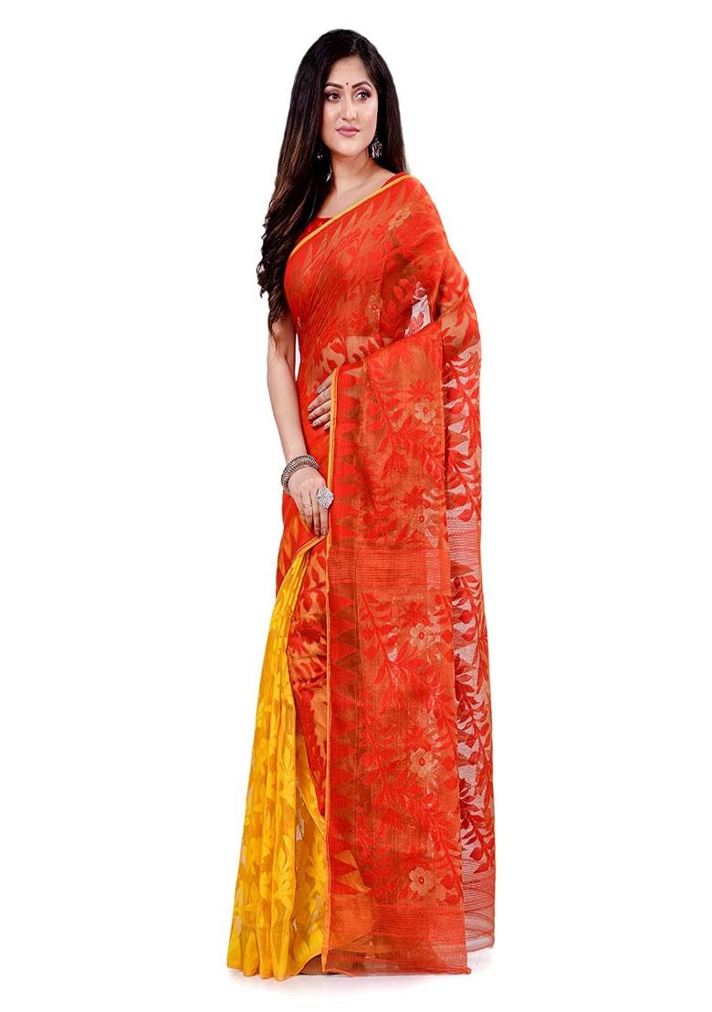 Yellow Orange Embroidered Cotton Saree