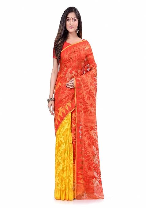 Yellow Orange Embroidered Cotton Saree