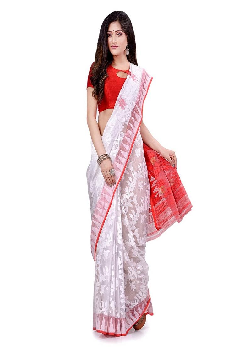 White Embroidered Cotton Saree