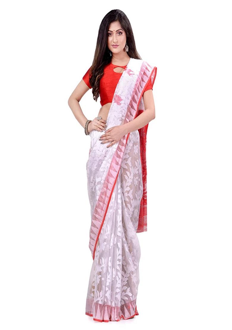 White Embroidered Cotton Saree