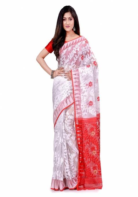 White Embroidered Cotton Saree