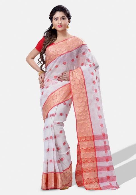 White Embroidered Cotton Saree