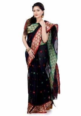 Navy Blue Embroidered Cotton Saree