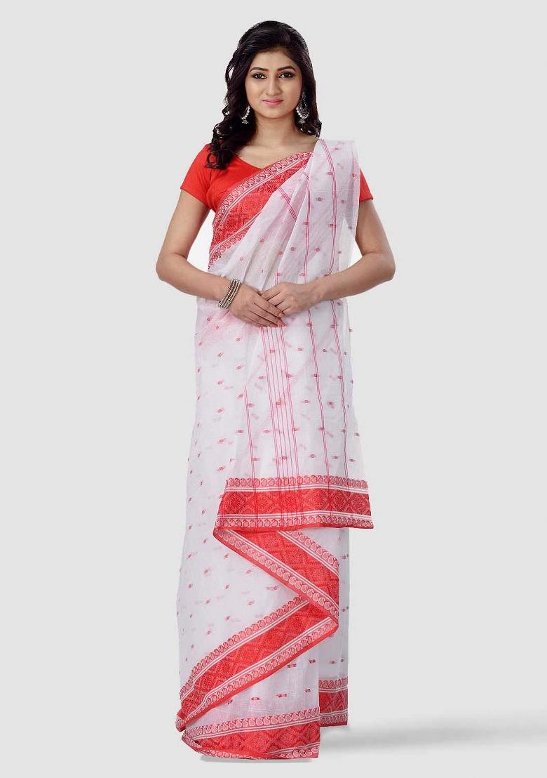 White Embroidered Cotton Saree