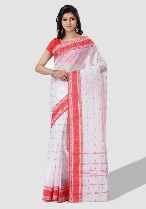 White Embroidered Cotton Saree
