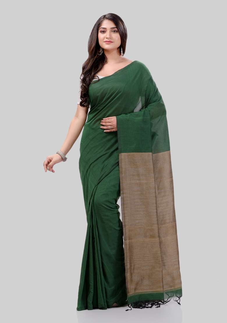 Green Solid Cotton Saree Set for Diwali and Festive Wear - Indya