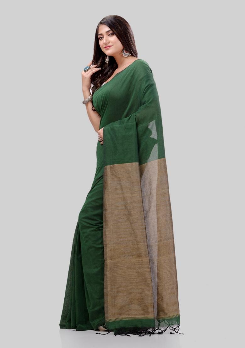 Green Solid Cotton Saree Set