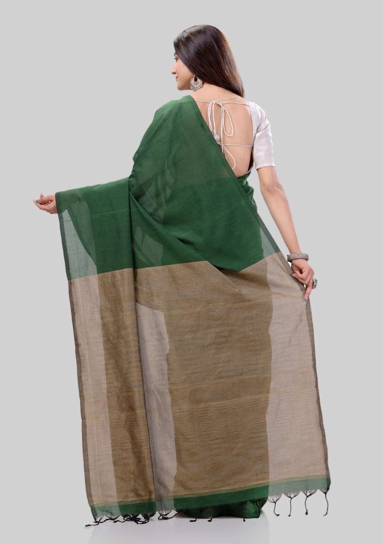 Green Solid Cotton Saree Set for Diwali and Festive Wear - Indya