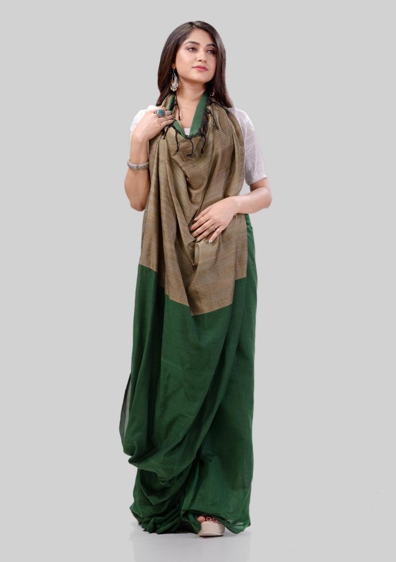 Green Solid Cotton Saree Set