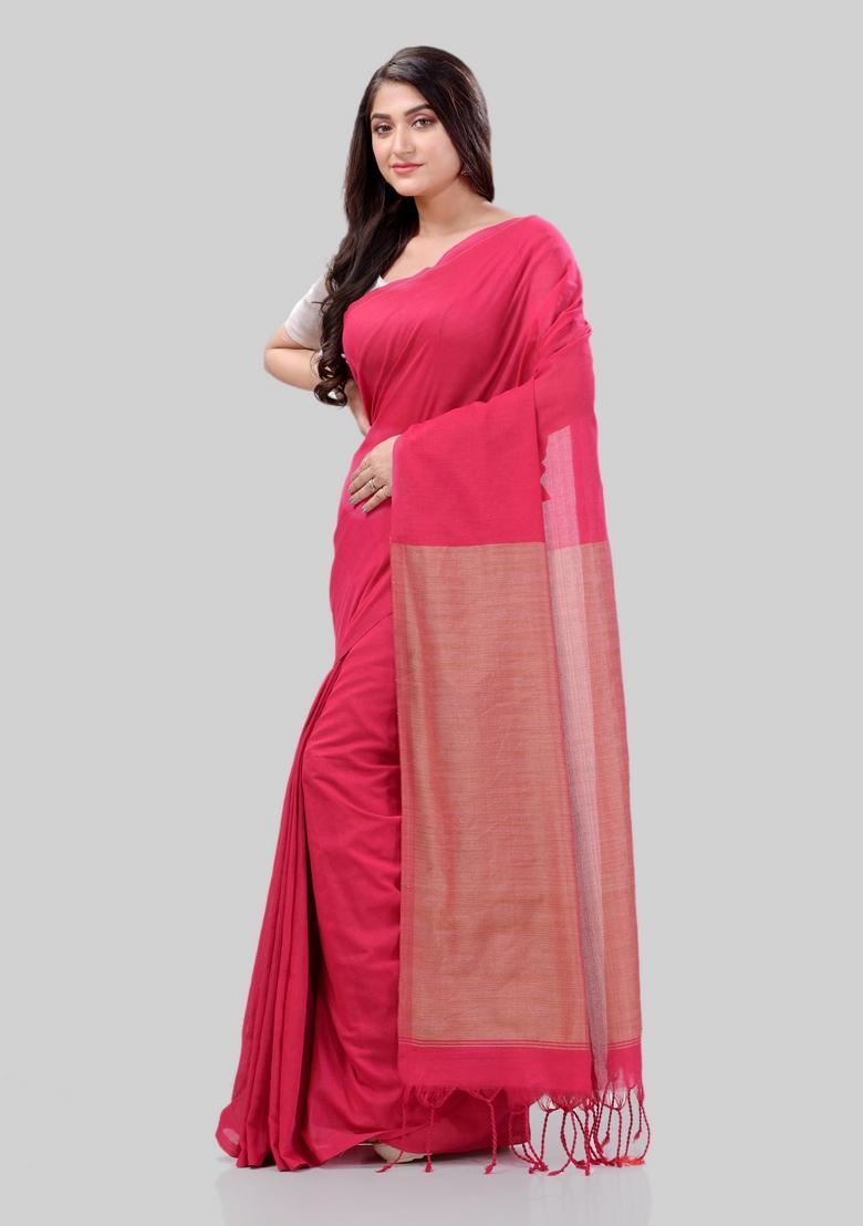 Pink Solid Cotton Saree Set