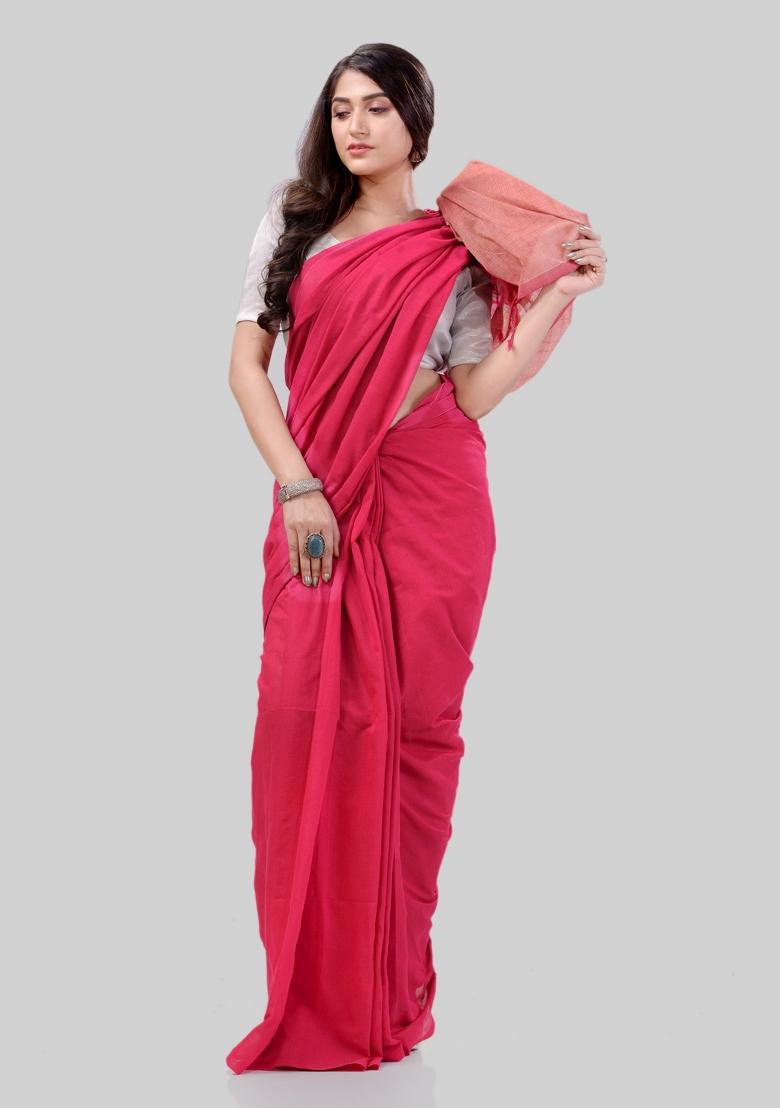 Pink Solid Cotton Saree Set