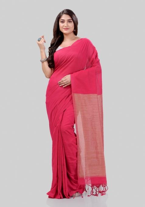 Pink Solid Cotton Saree Set