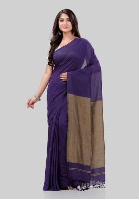 Navy Blue Solid Cotton Saree Set