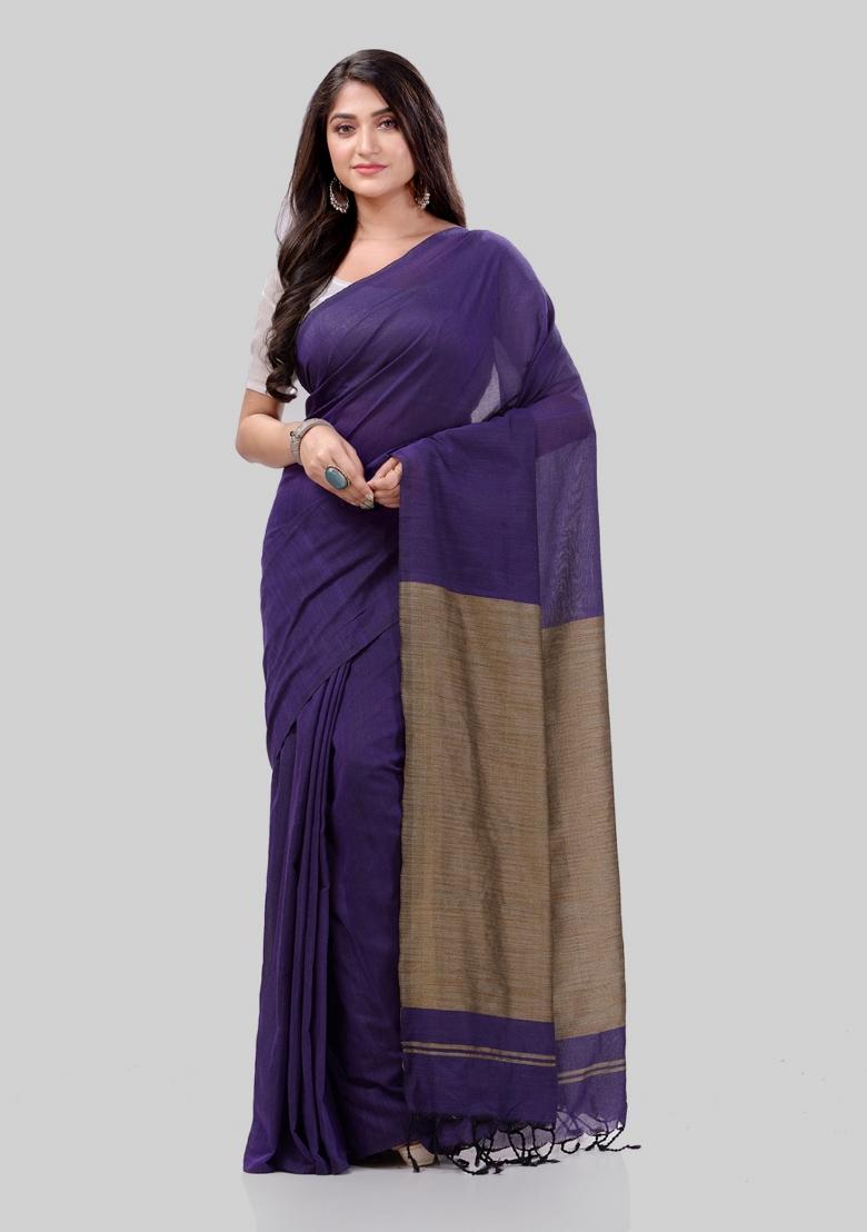 Navy Blue Solid Cotton Saree Set