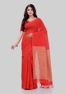 Red Solid Cotton Saree Set