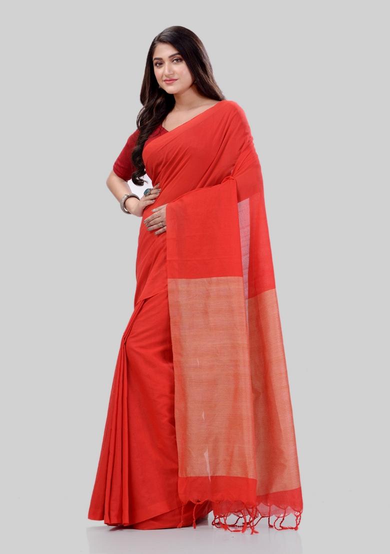 Red Solid Cotton Saree Set