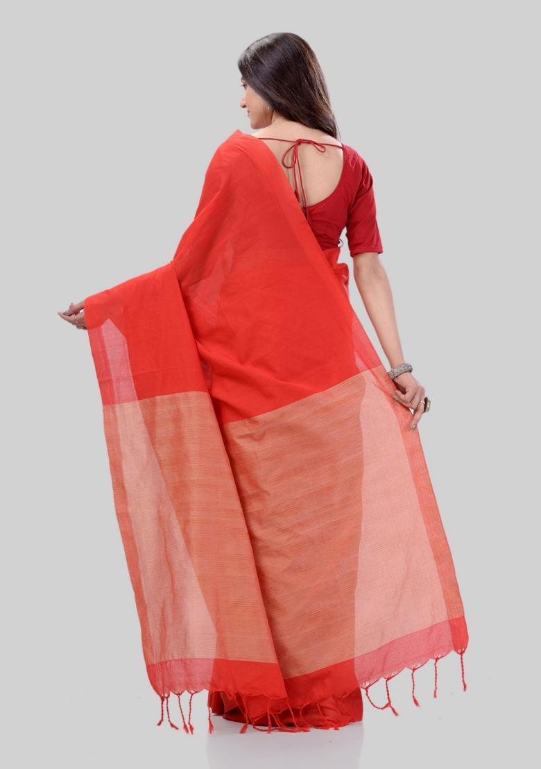 Red Solid Cotton Saree Set