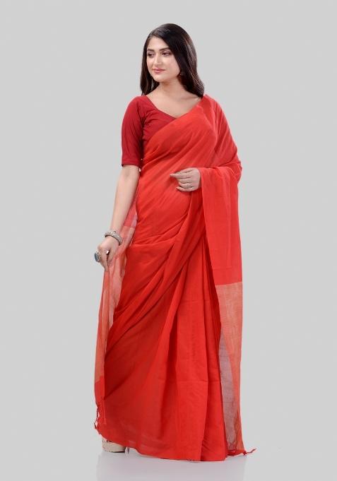 Red Solid Cotton Saree Set
