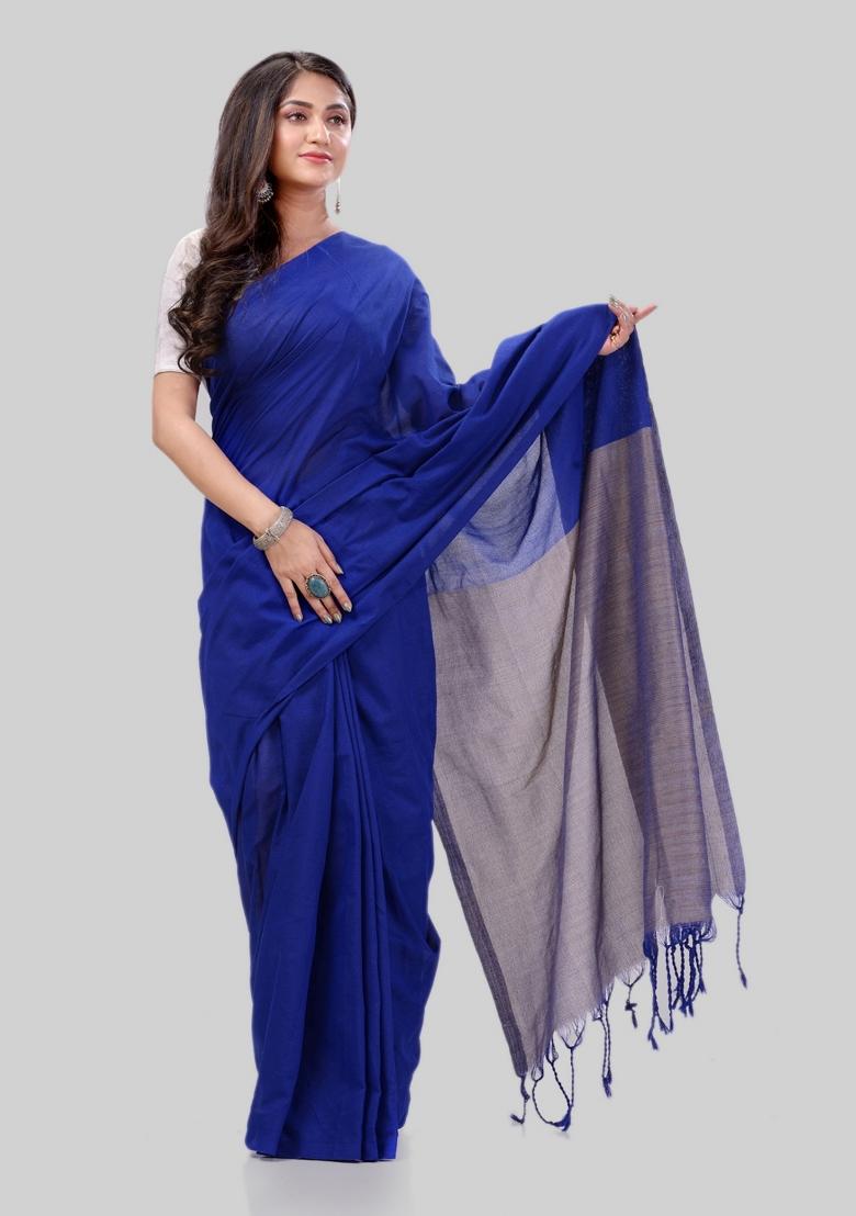 Royel Blue Solid Cotton Saree Set