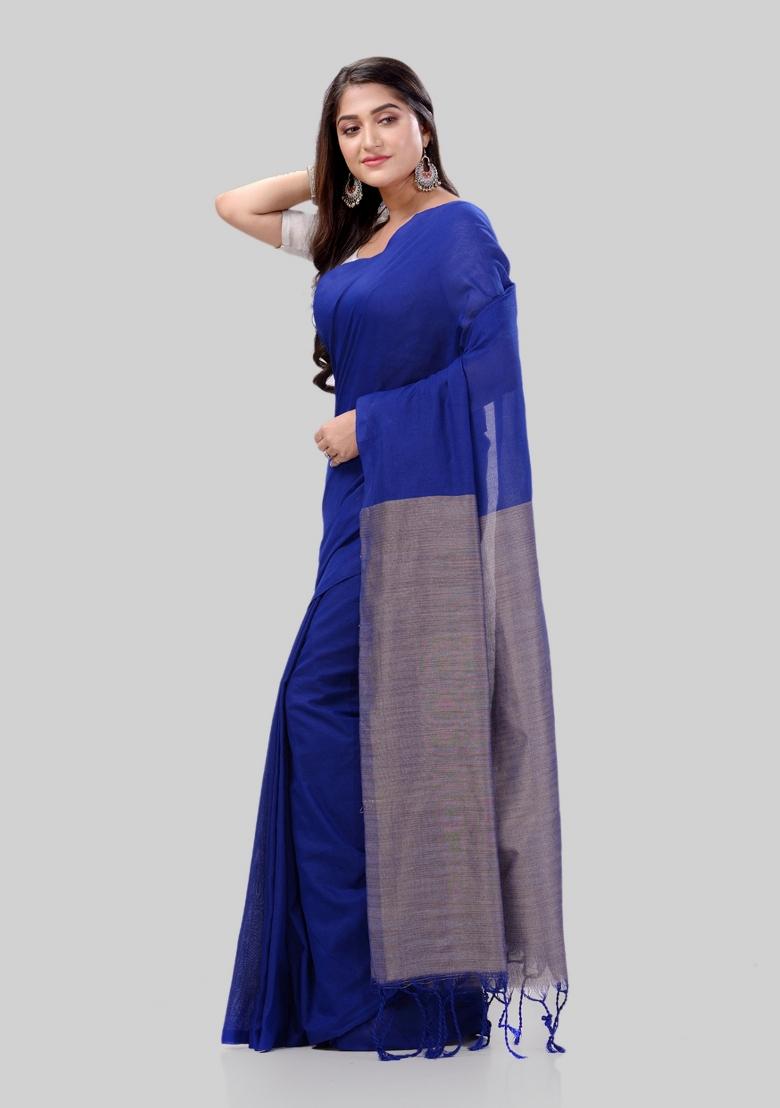 Royel Blue Solid Cotton Saree Set