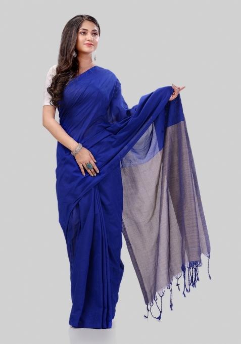 Royel Blue Solid Cotton Saree Set