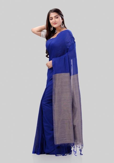 Royel Blue Solid Cotton Saree Set