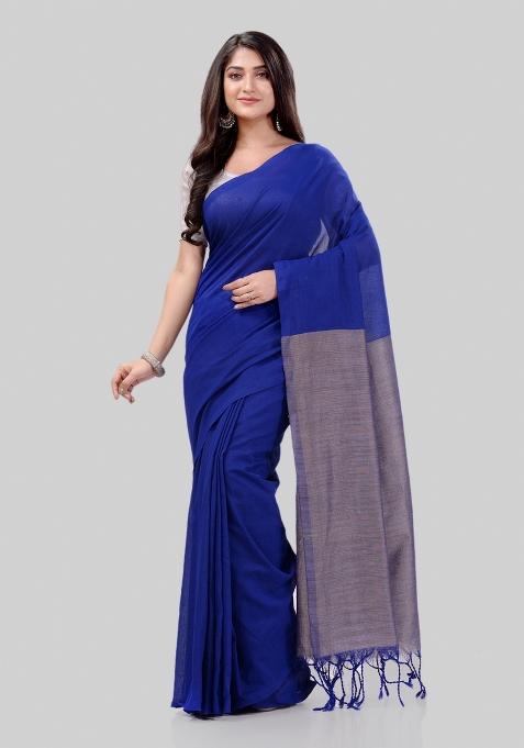 Royel Blue Solid Cotton Saree Set