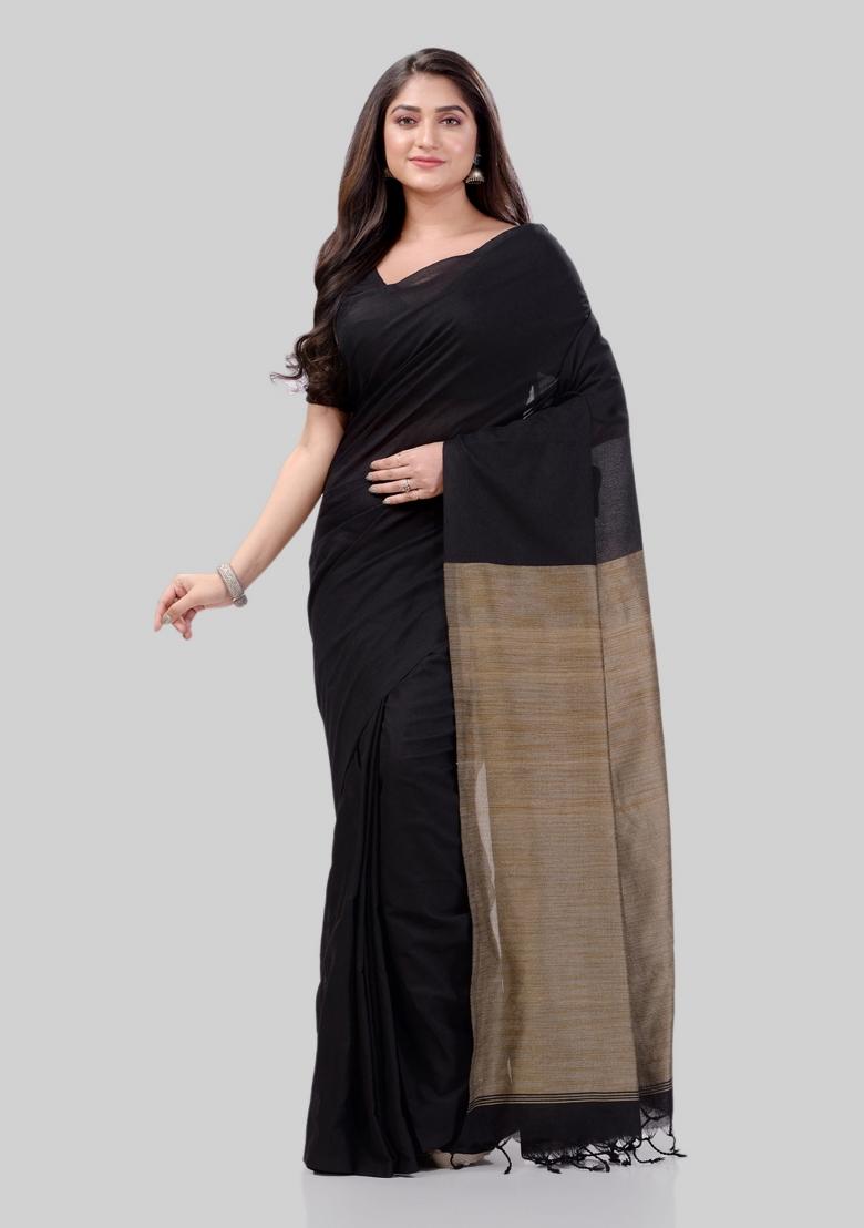 Black Solid Cotton Saree Set