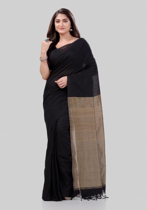 Black Solid Cotton Saree Set