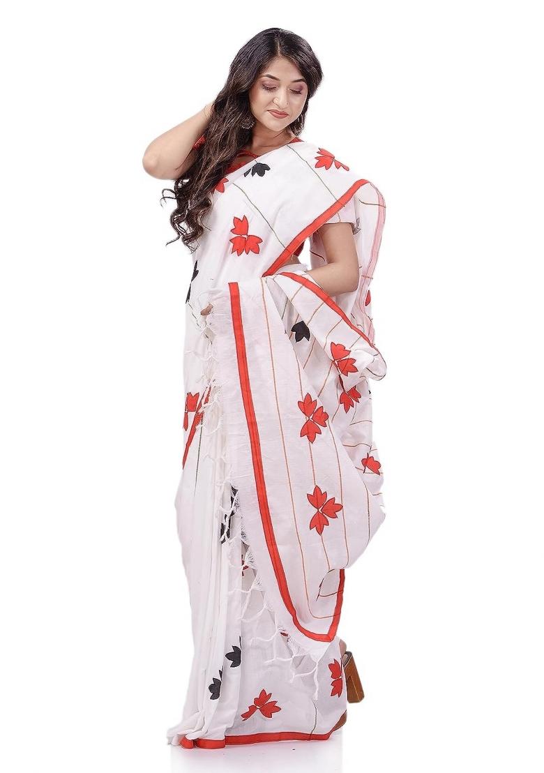 White Embroidered Cotton Saree Set