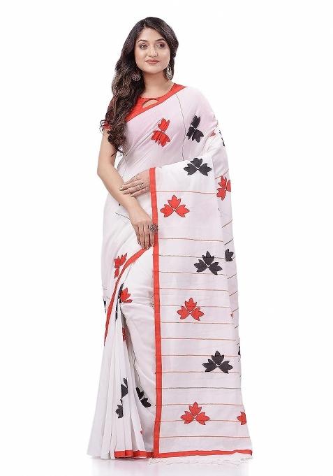 White Embroidered Cotton Saree Set