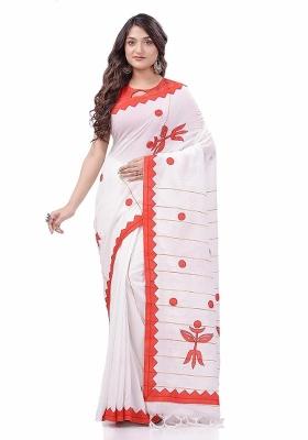 White Embroidered Cotton Saree Set