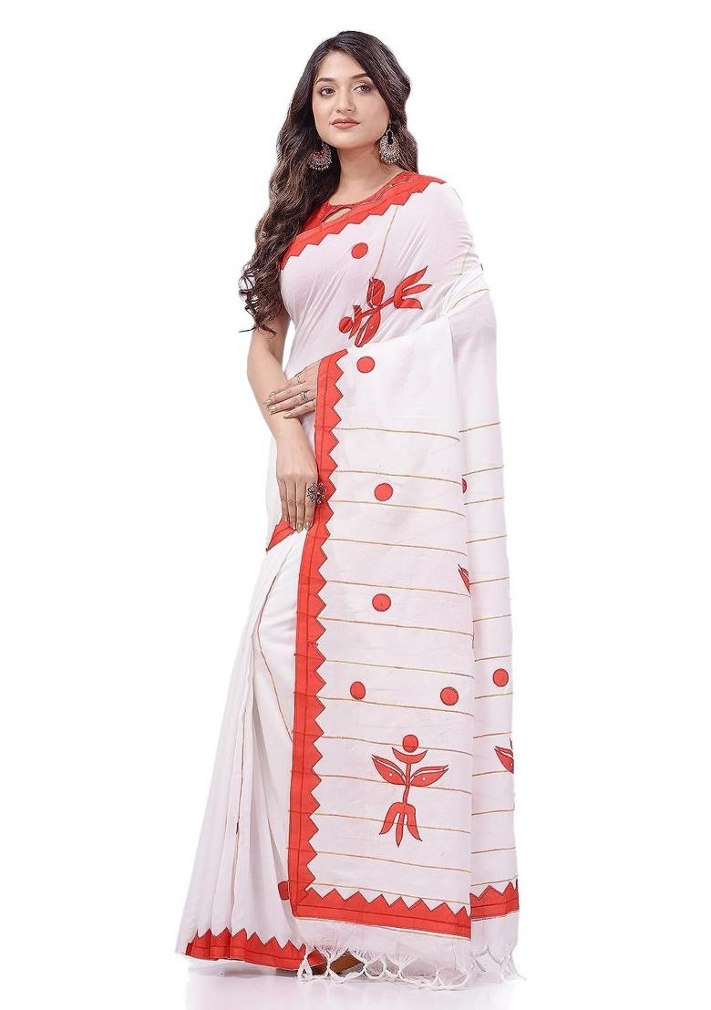 White Embroidered Cotton Saree Set
