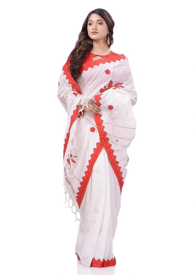 White Embroidered Cotton Saree Set