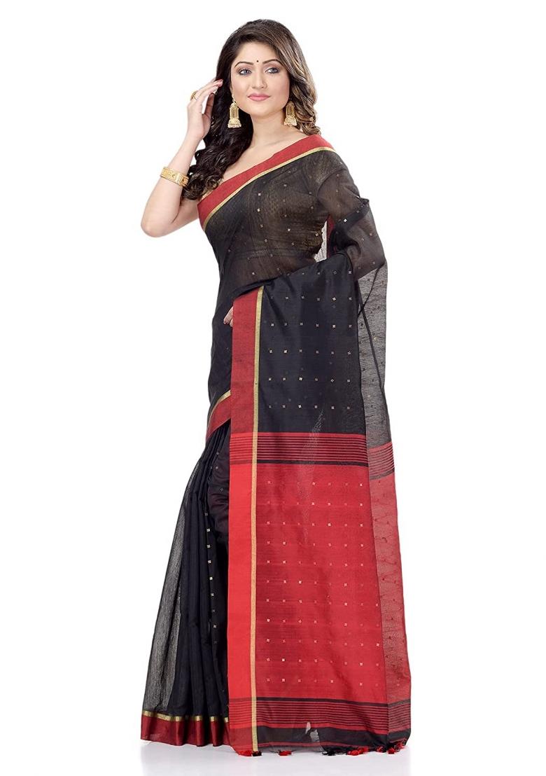 Black Sequin Embroidered Cotton Silk Saree Set