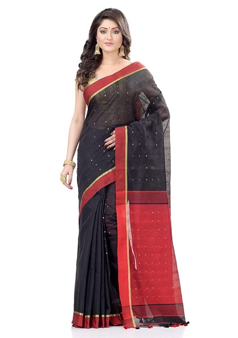 Black Sequin Embroidered Cotton Silk Saree Set