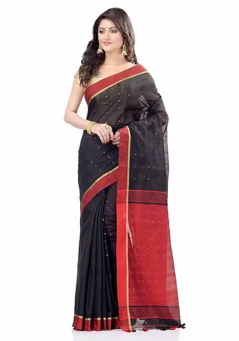 Black Sequin Embroidered Cotton Silk Saree Set