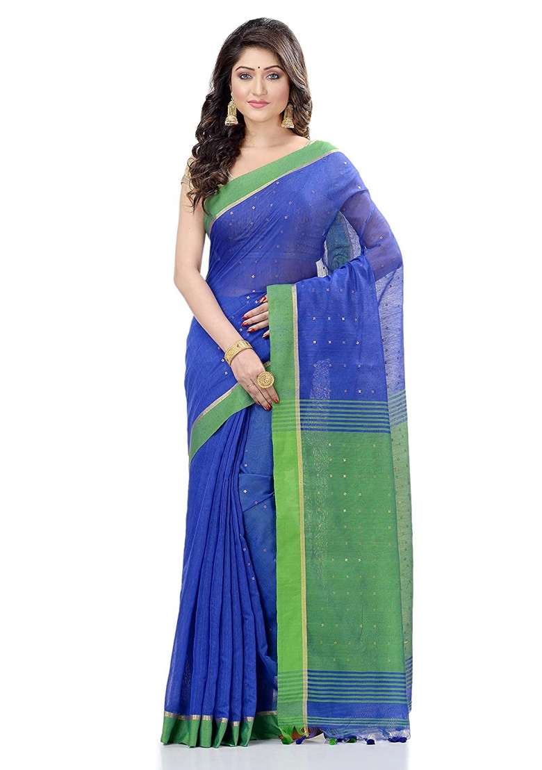 Royel Blue Cotton Silk Blend Saree Set with Embroidered & Sequin for Diwali | Wedding & Festive Wear - Indya