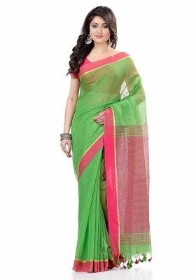 Green Sequin Embroidered Cotton Silk Saree Set