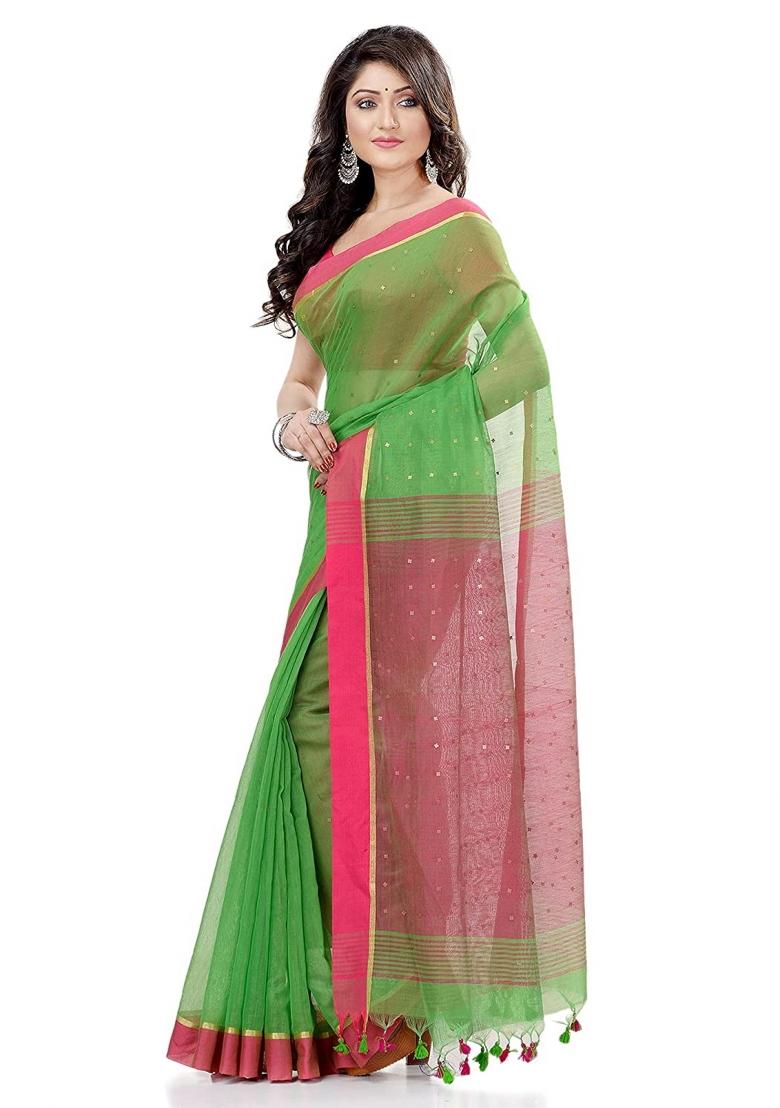 Green Sequin Embroidered Cotton Silk Saree Set