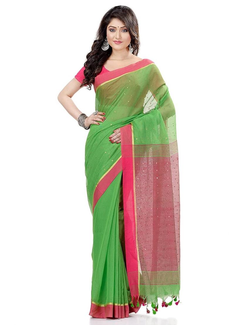 Green Sequin Embroidered Cotton Silk Saree Set