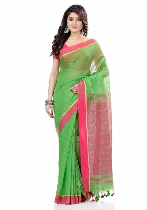 Green Sequin Embroidered Cotton Silk Saree Set