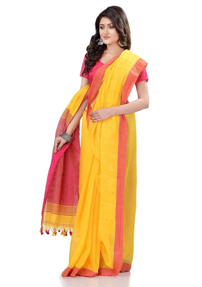 Yellow Sequin Embroidered Cotton Silk Saree Set