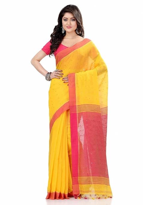Yellow Sequin Embroidered Cotton Silk Saree Set