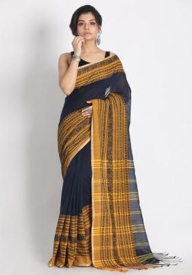 Navy Blue Jacquard Cotton Saree Set