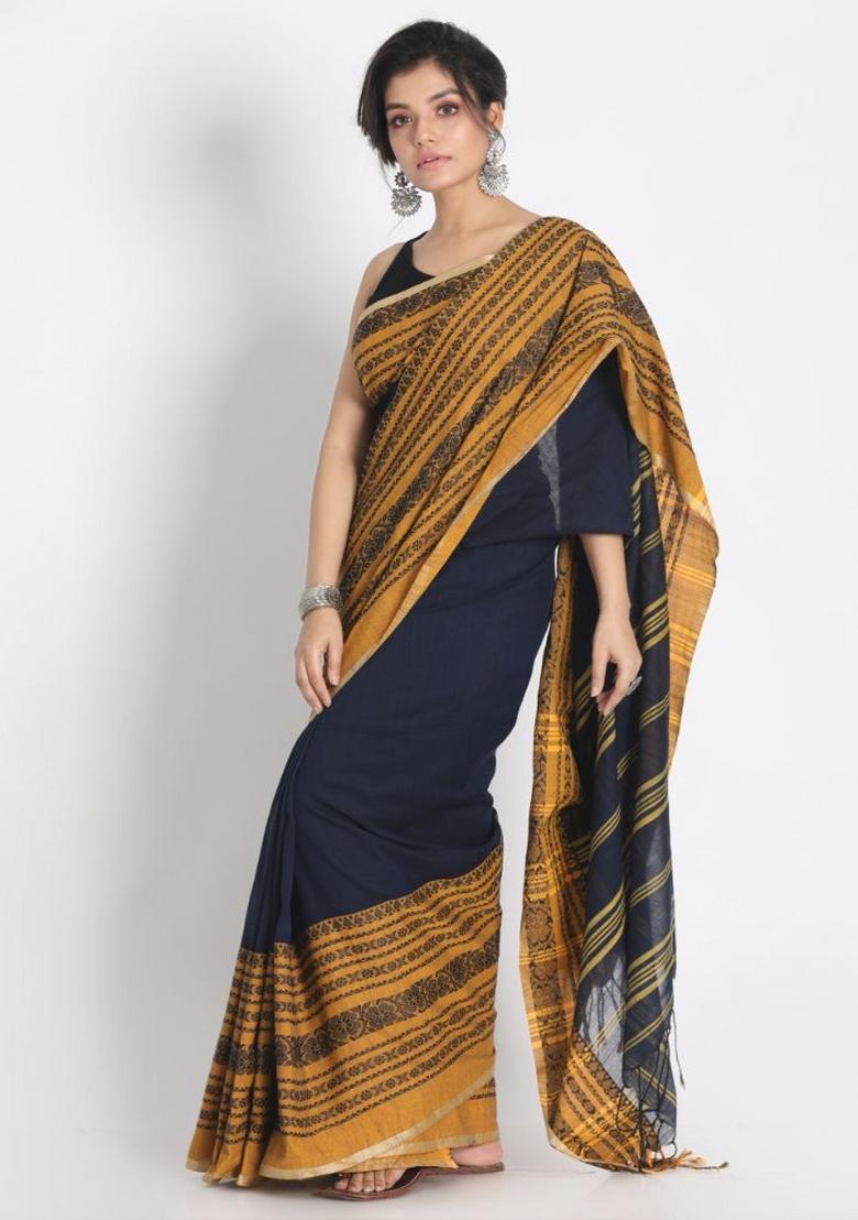 Navy Blue Jacquard Cotton Saree Set