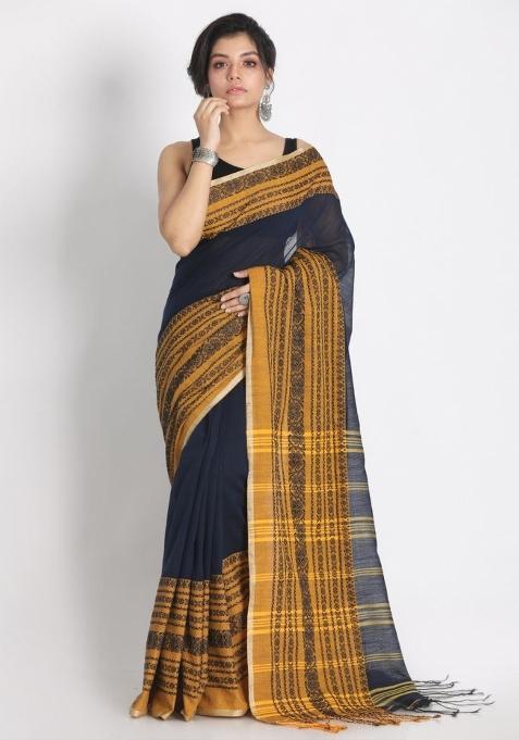 Navy Blue Jacquard Cotton Saree Set